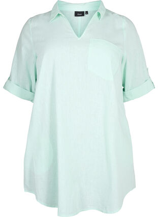 Short-sleeved cotton blend tunic with linen, Brook Green, Packshot image number 0