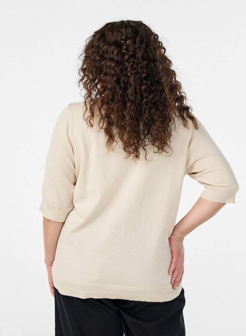 Fine-knit blouse with short sleeves, Beige, Model image number 2