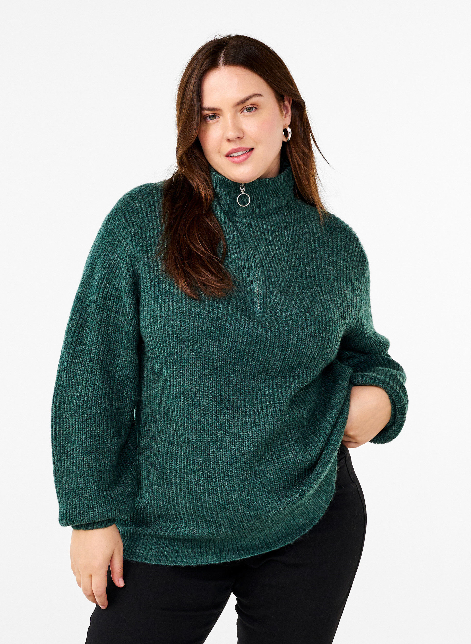 FLASH - Knitted sweater with high neck and zipper, Green, Model