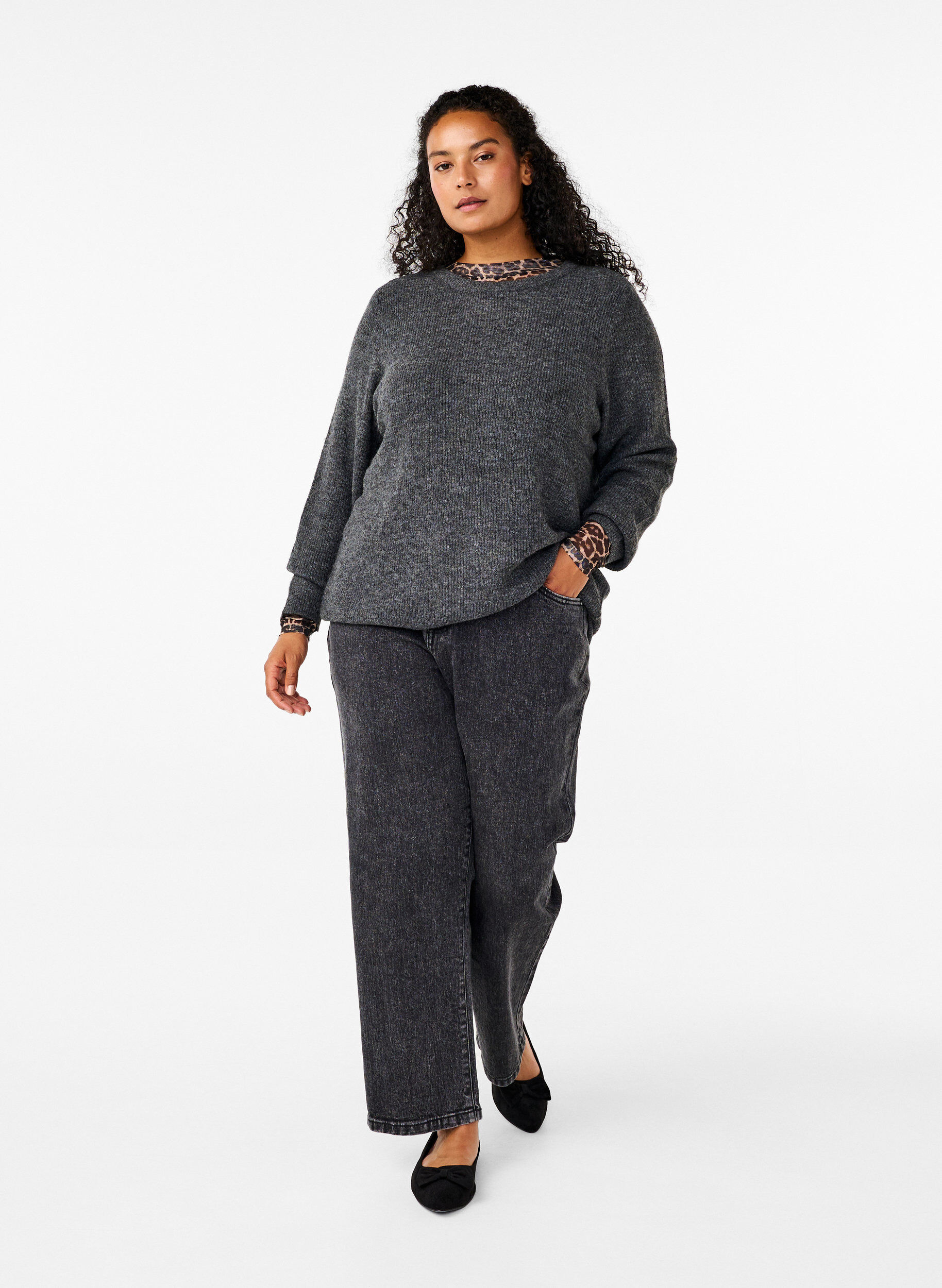Zizzifashion Melange sweater with round neck, Dark Grey Black Mel., Model image number 2