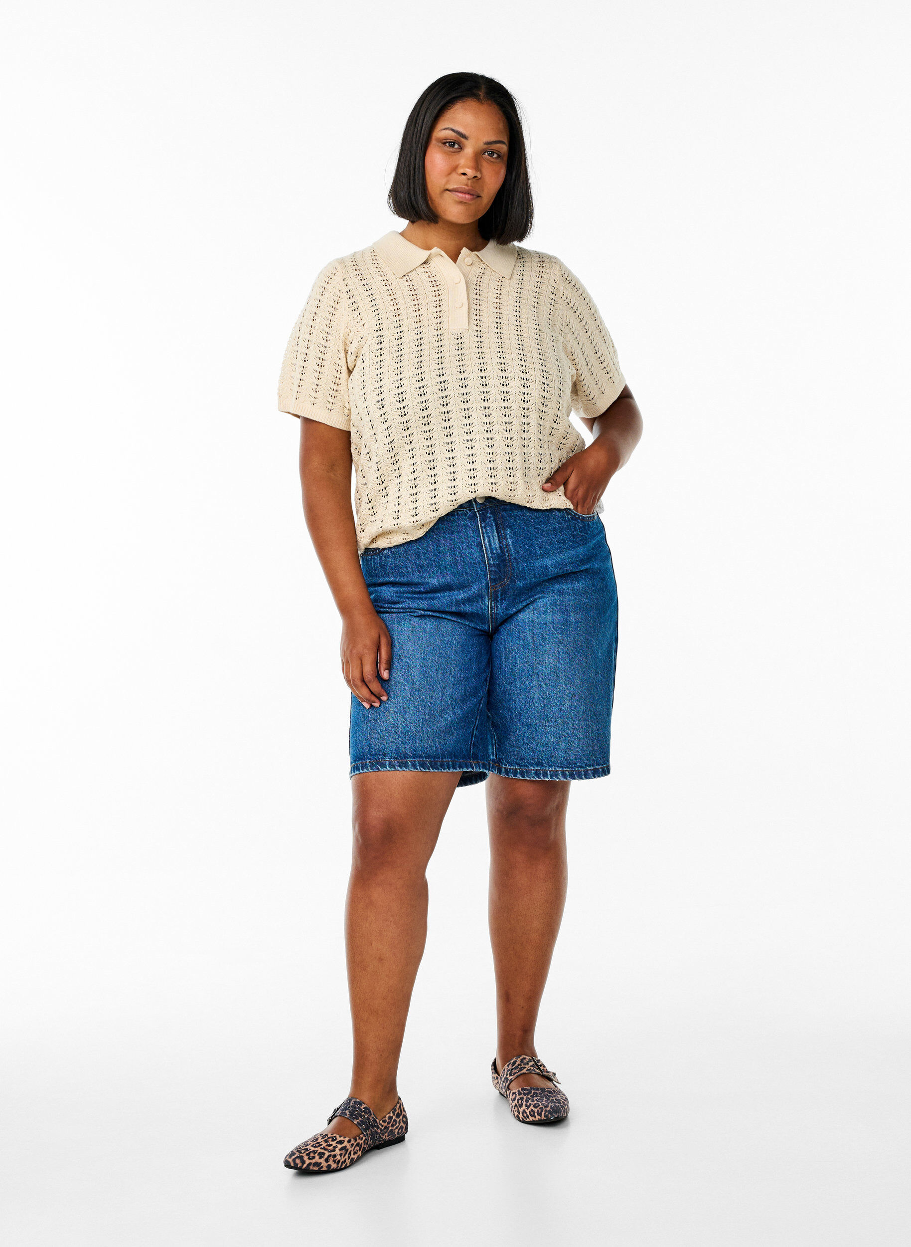 Zizzifashion Knitted polo shirt with eyelet pattern, Beige, Model image number 1