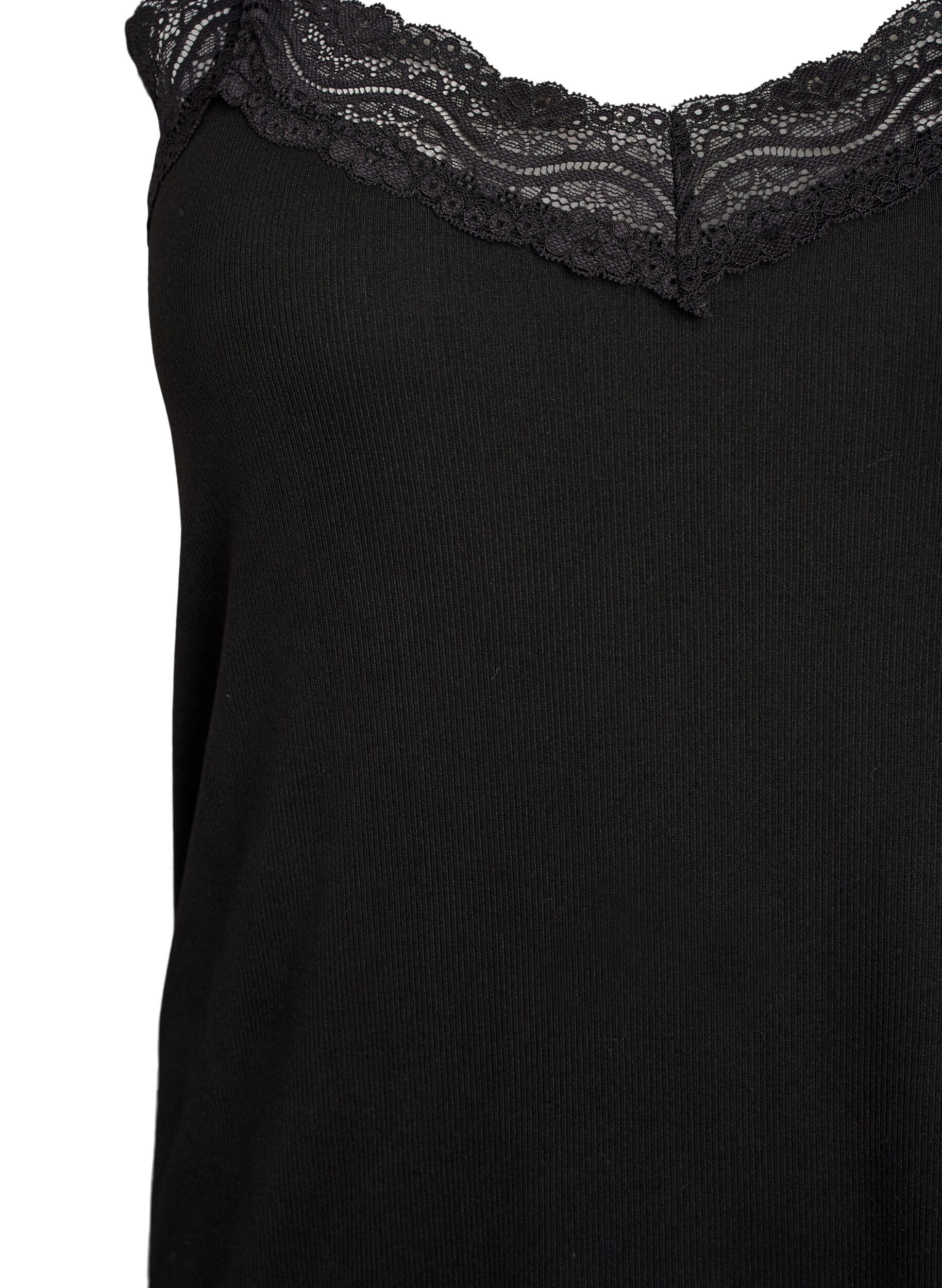 Zizzifashion Ribbed jersey top with lace trim, Black, Packshot image number 2