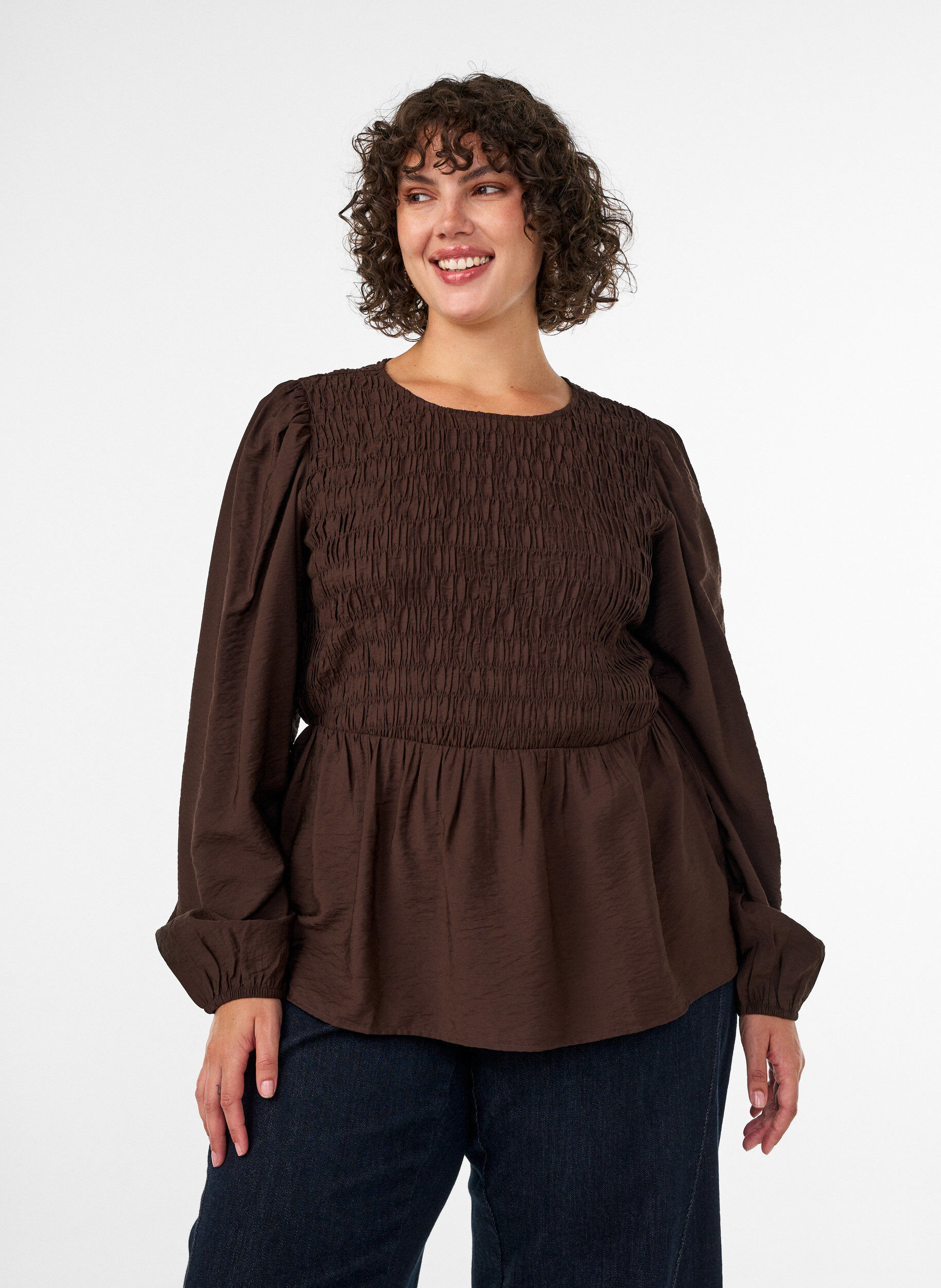 ZizzifashionBlouse with smock and long sleeves, Brown, Model image number 0