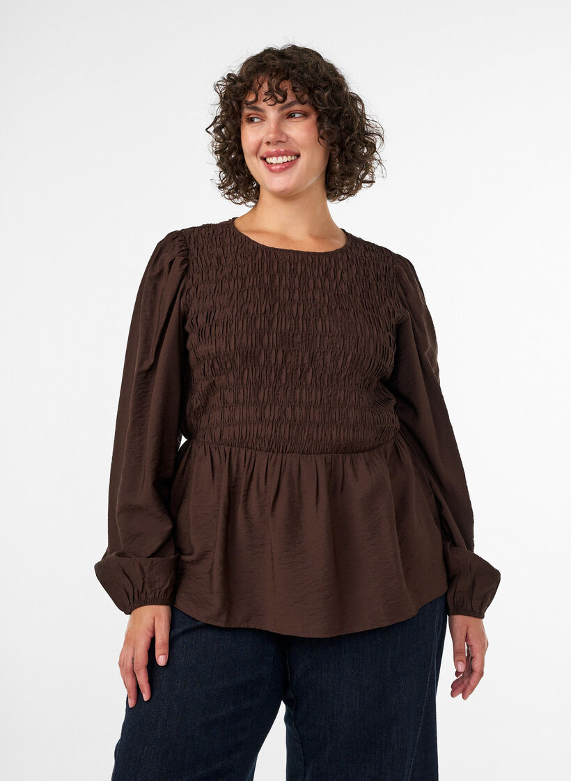 Blouse with smock and long sleeves, Brown, Model image number 0
