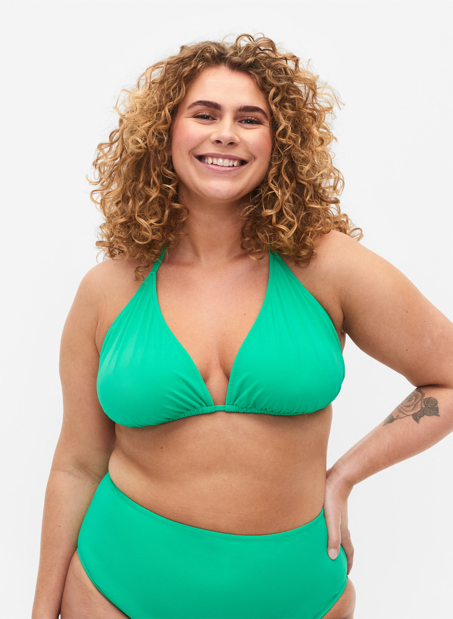 Solid color triangle bikini top, Green, Model