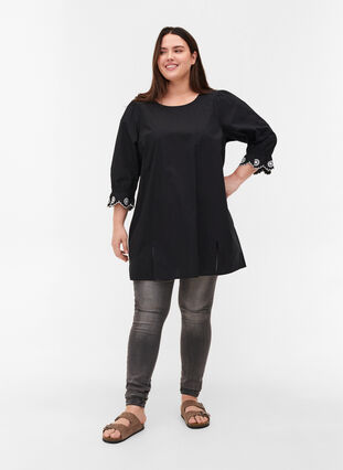 Long cotton blouse with 3/4 sleeves, Black, Model image number 2