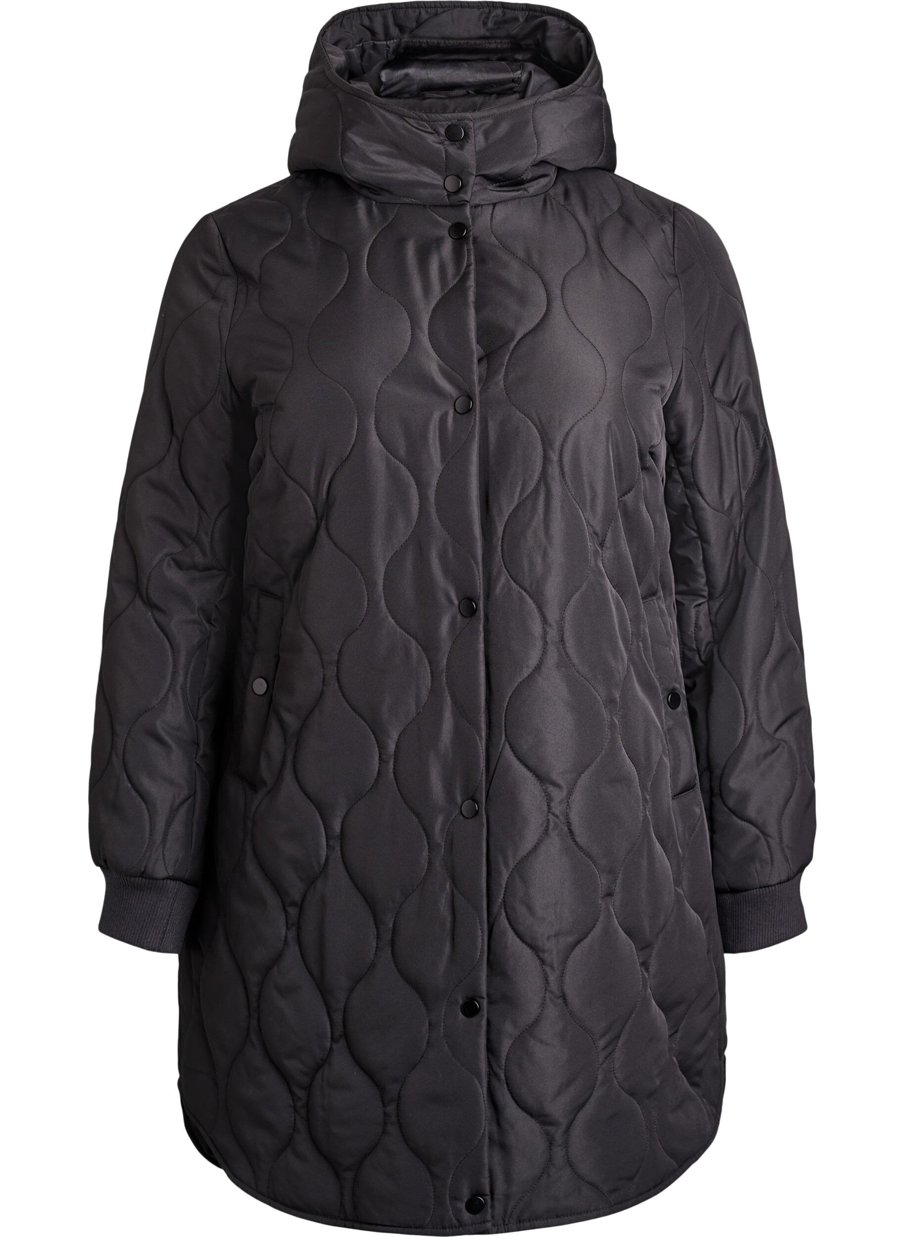 Mid-length quilted jacket with a hood