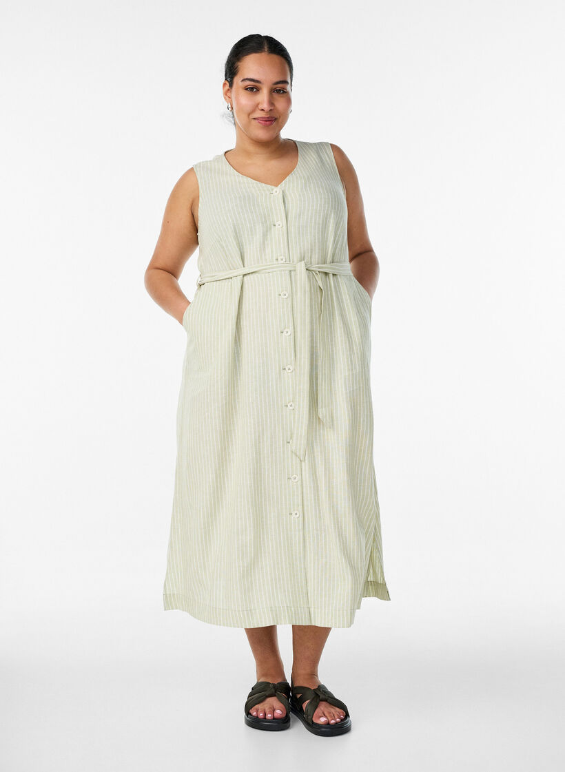 Sleeveless striped midi dress in linen and viscose, Green, Model image number 0