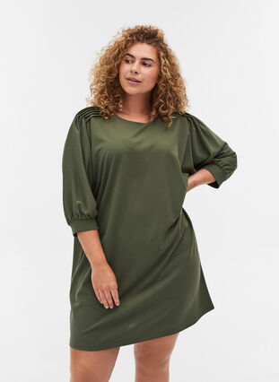 Solid-coloured tunic with 2/4 sleeves and pleated fold, Thyme, Model image number 0