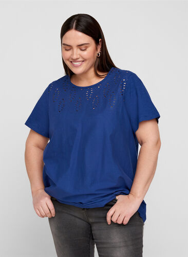 Short-sleeved t-shirt with broderie anglaise, Twilight Blue, Model image number 0