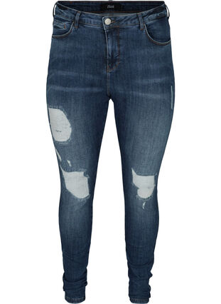 High-waisted Amy jeans with distressed look, Blue denim, Packshot image number 0