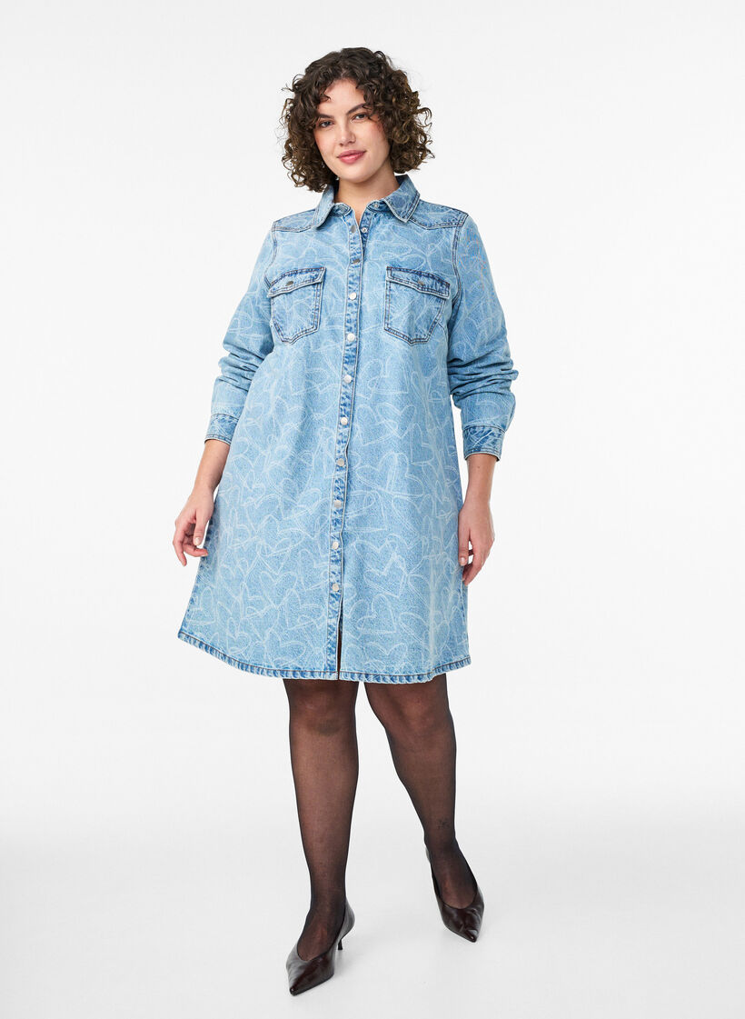 Denim dress with heart pattern, Light Blue, Model image number 1