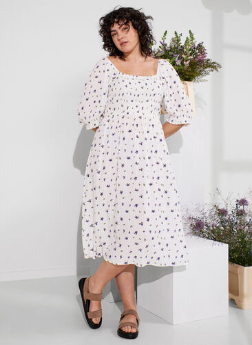 Floral viscose midi dress with smock, Bright White Flower, Image image number 0
