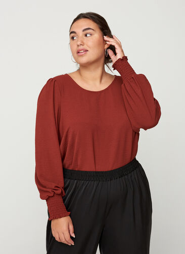 Long-sleeved blouse with smocking and a round neck, Fired Brick, Model image number 0