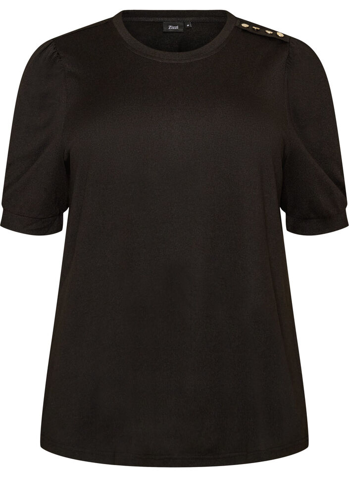 Blouse with button detail and short puff sleeves, Black, Packshot image number 0