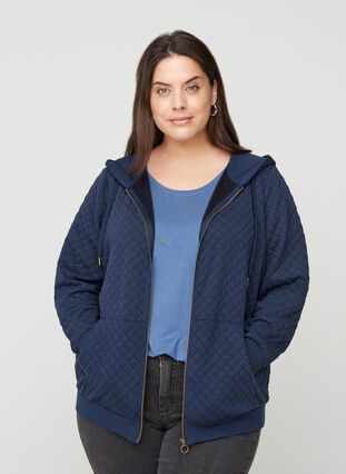 Sweater cardigan with a hood a zip, Navy Blazer, Model image number 0