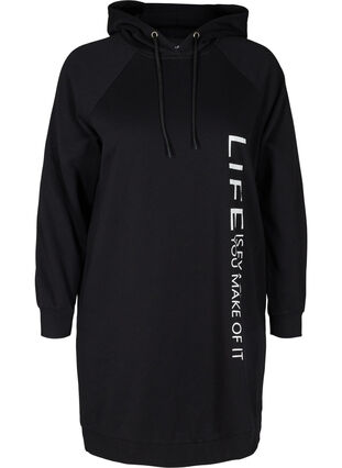 Long sweatshirt with a hood and print details, Black, Packshot image number 0