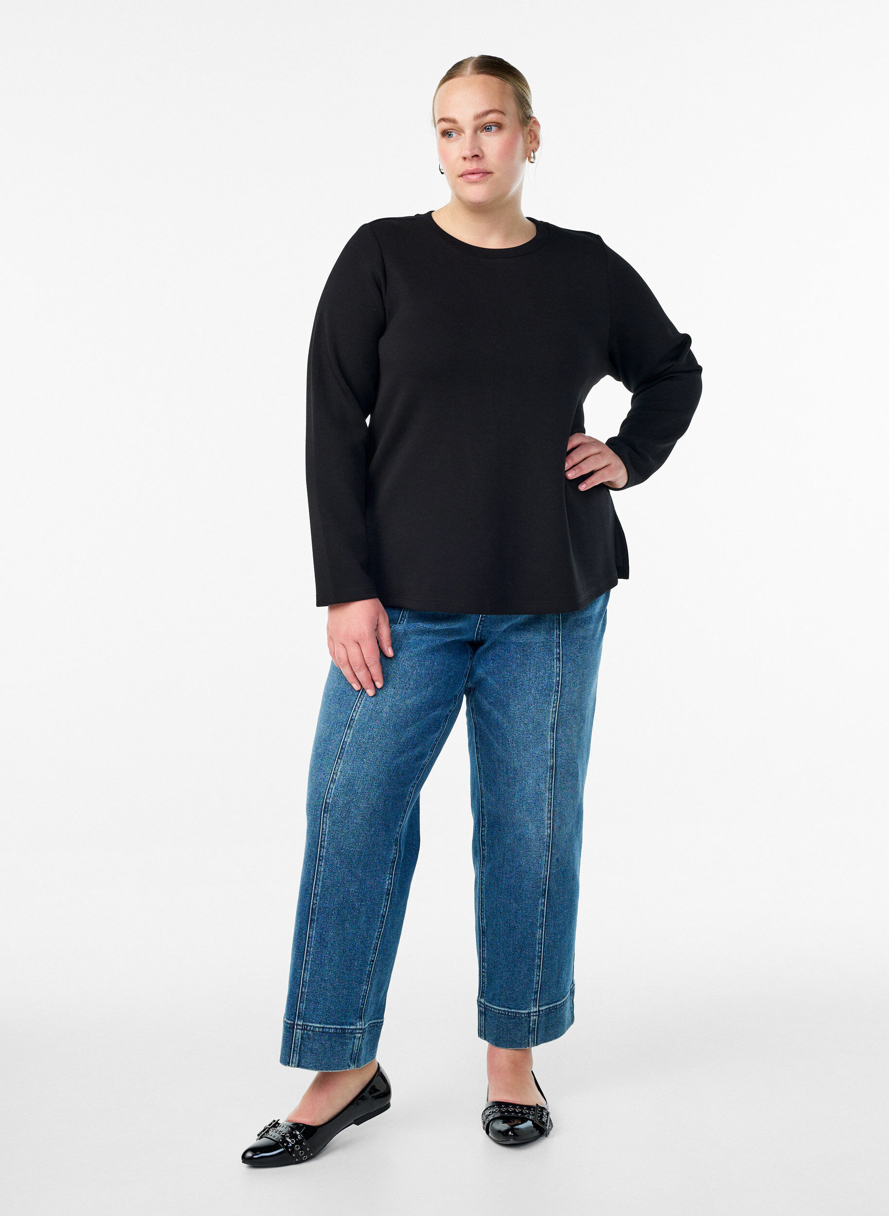 Zizzifashion Jersey blouse with round neck, Black, Model image number 1