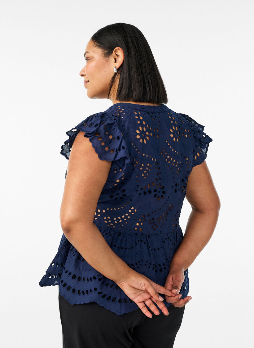 Sleeveless broderie anglaise blouse with ruffles, Blue, Model image number 2