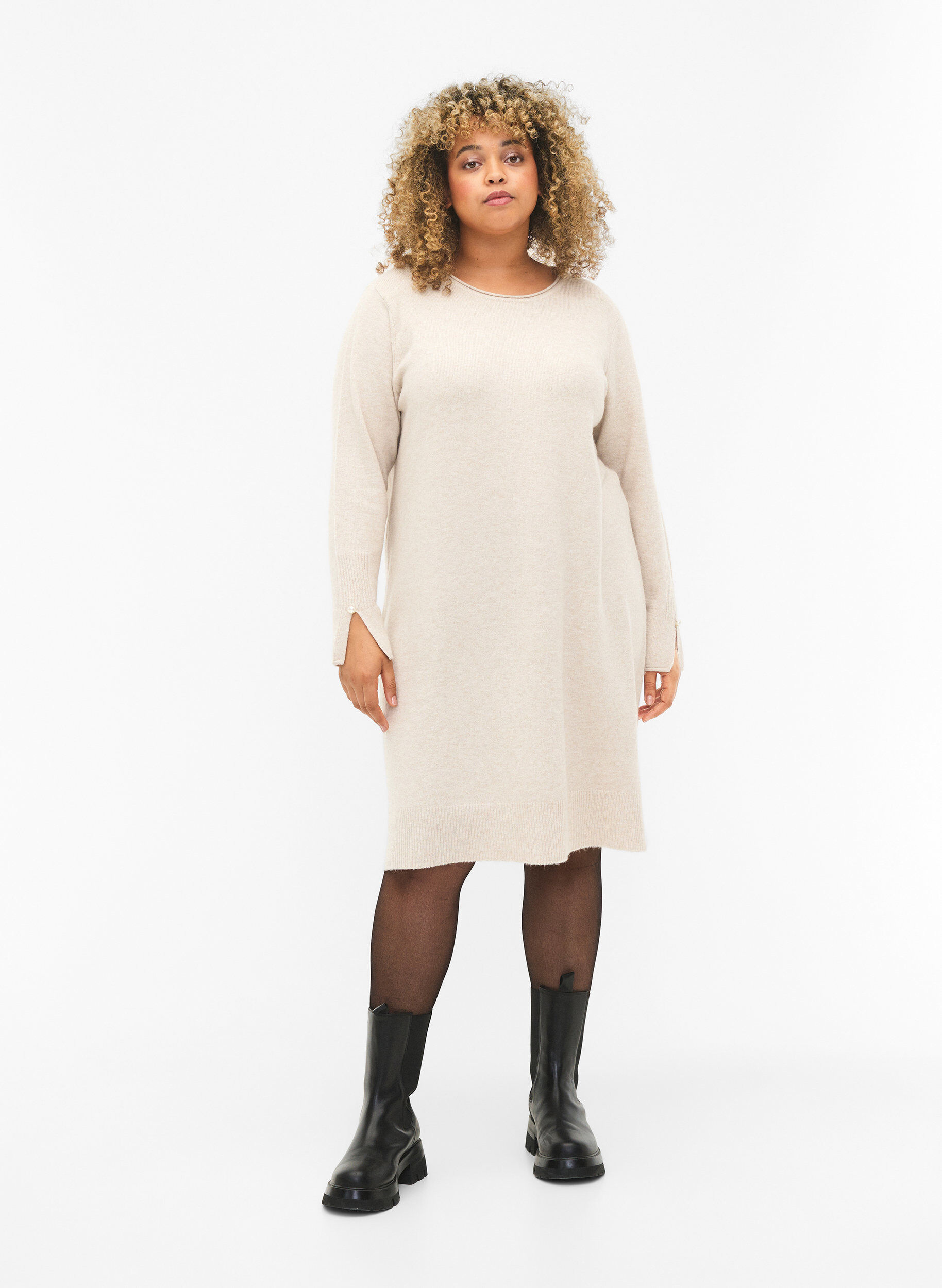 Zizzifashion Knitted dress with slit in the sleeves, Pumice Stone Mel., Model image number 3