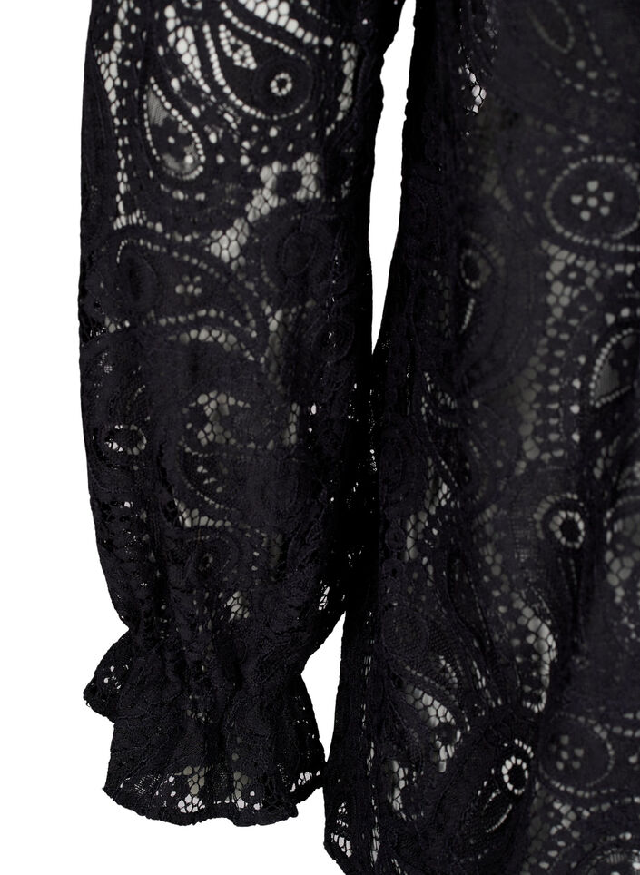 Lace shirt blouse with ruffle detail, Black, Packshot image number 3