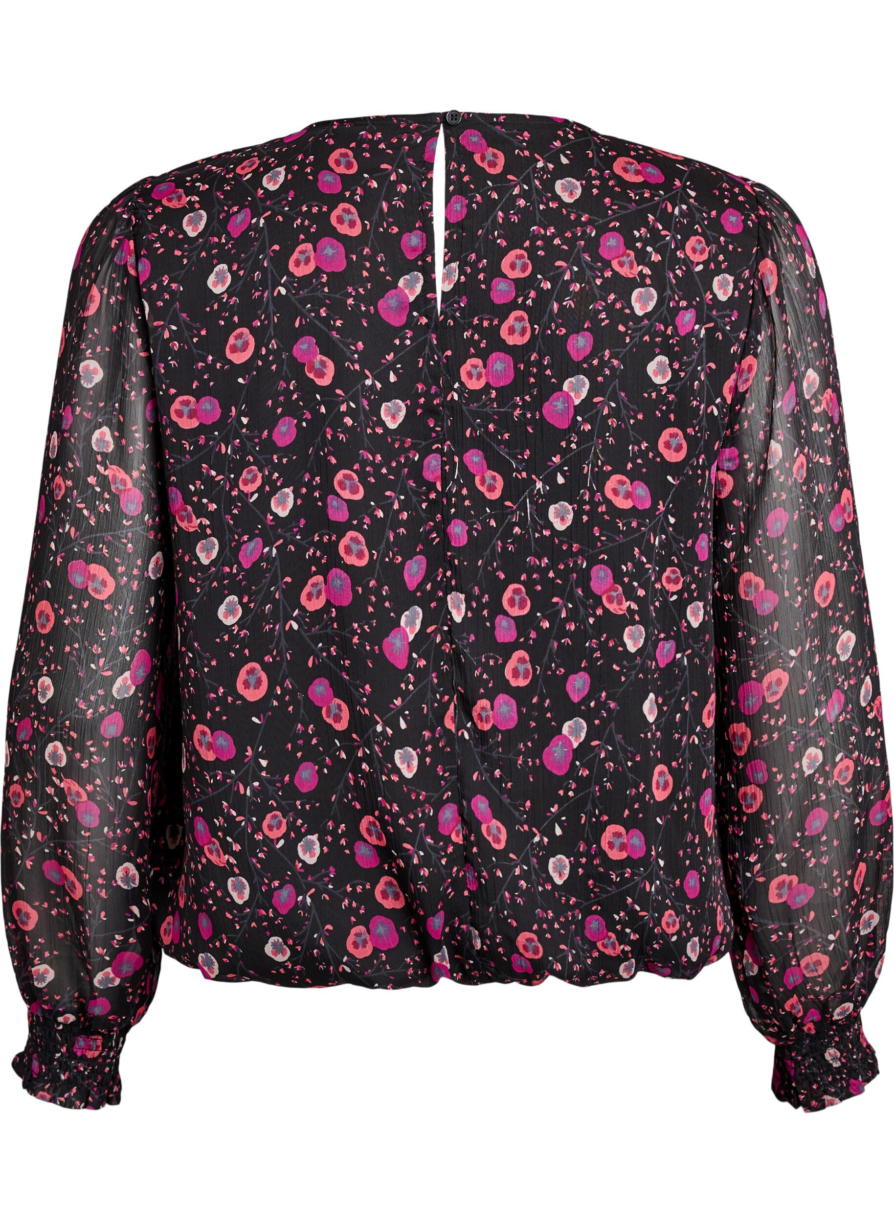 ZizzifashionFloral chiffon blouse with sheer sleeves, Black, Packshot image number 1