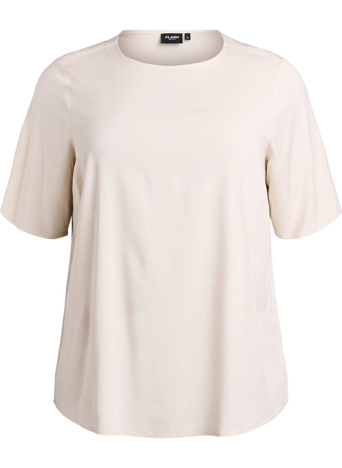 FLASH - Short-sleeved woven blouse with round neck, Beige, Packshot image number 0