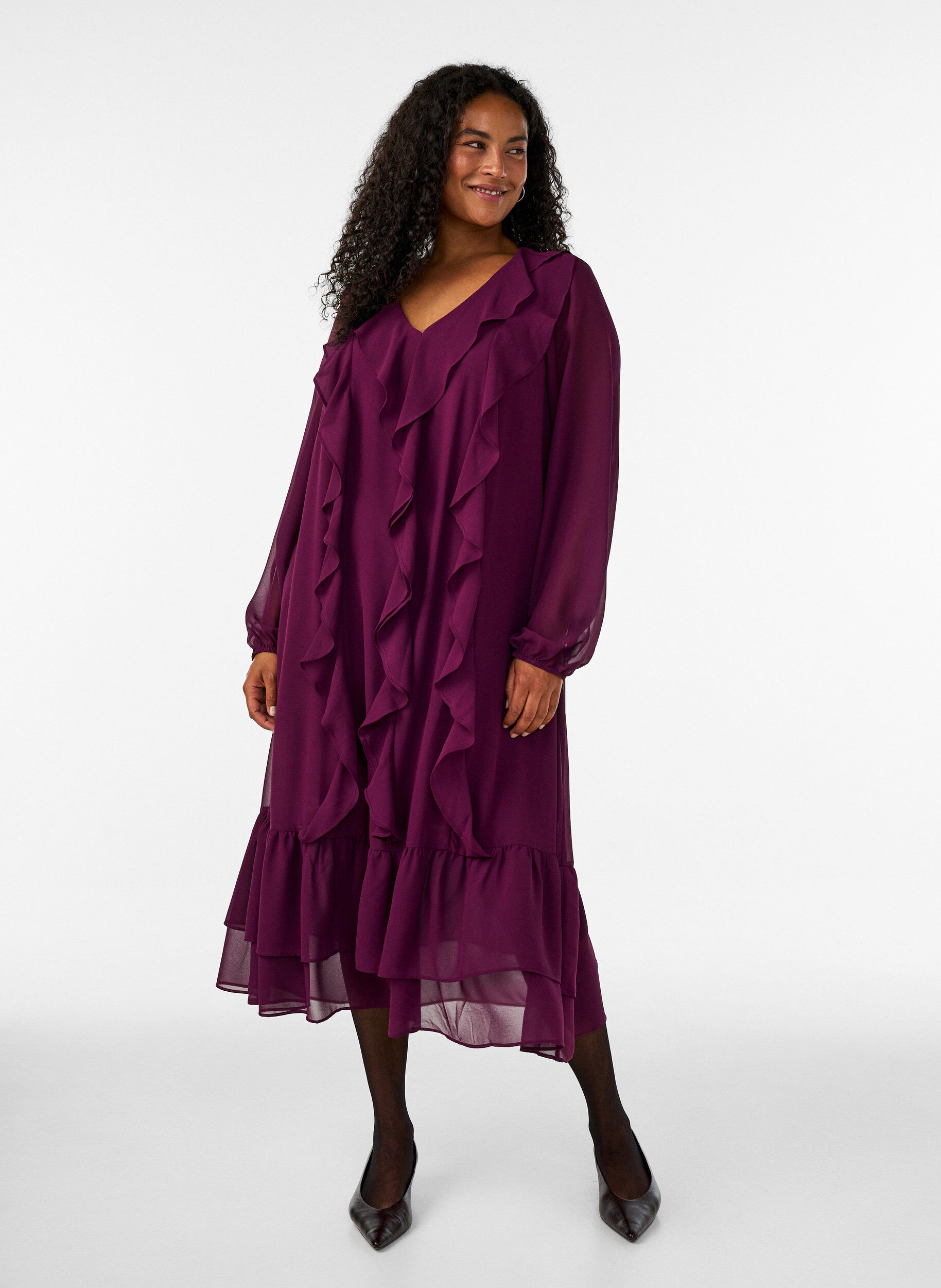 Party dress with ruffle details and V-neck, Red, Model