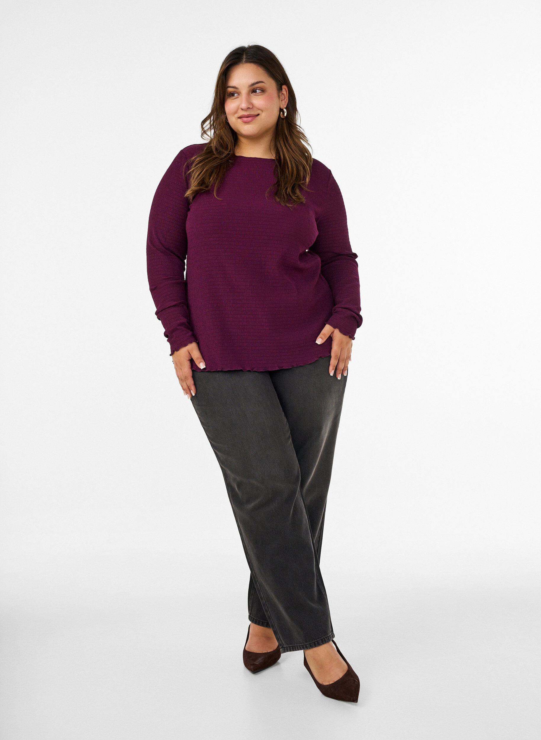 ZizzifashionTextured blouse with wavy edges, Purple, Model image number 1