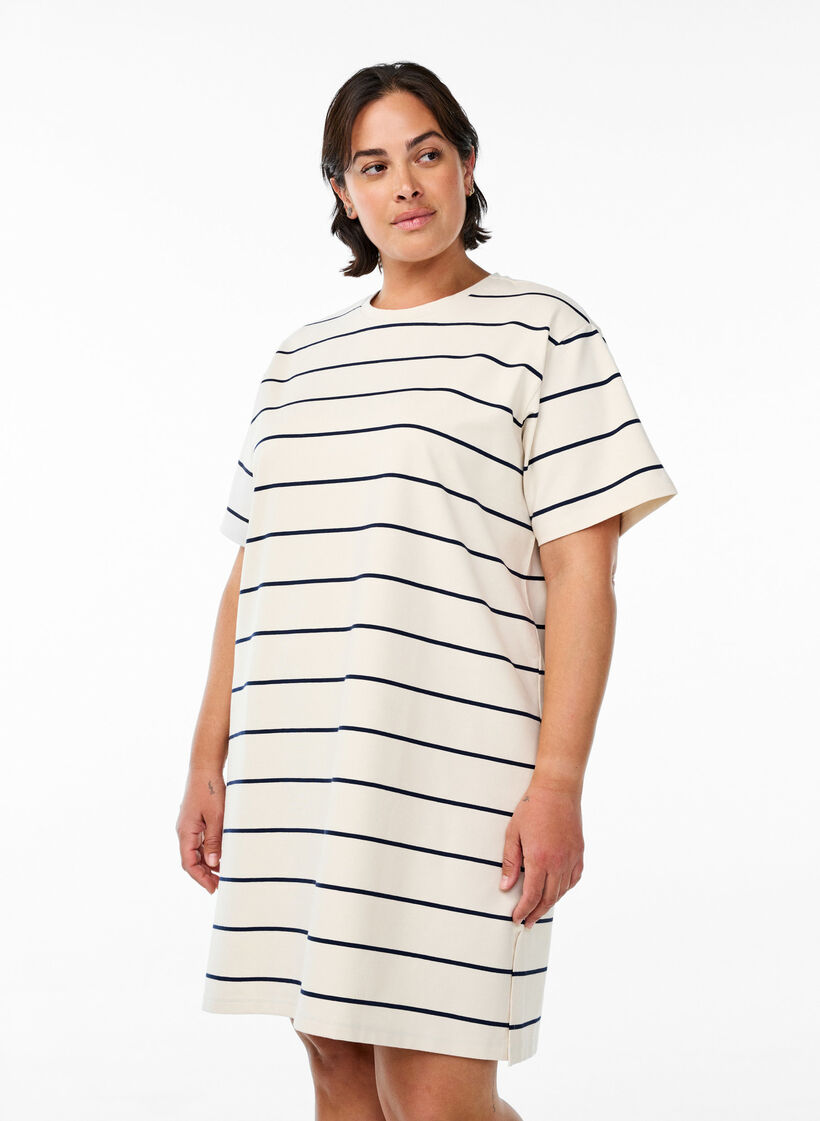 Short jersey dress with stripes, Beige, Model image number 0