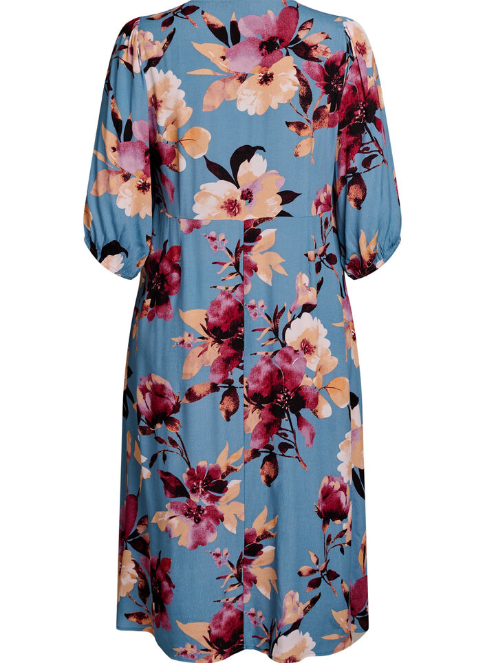 Midi dress with floral print and 3/4 sleeves, Blue, Packshot image number 1
