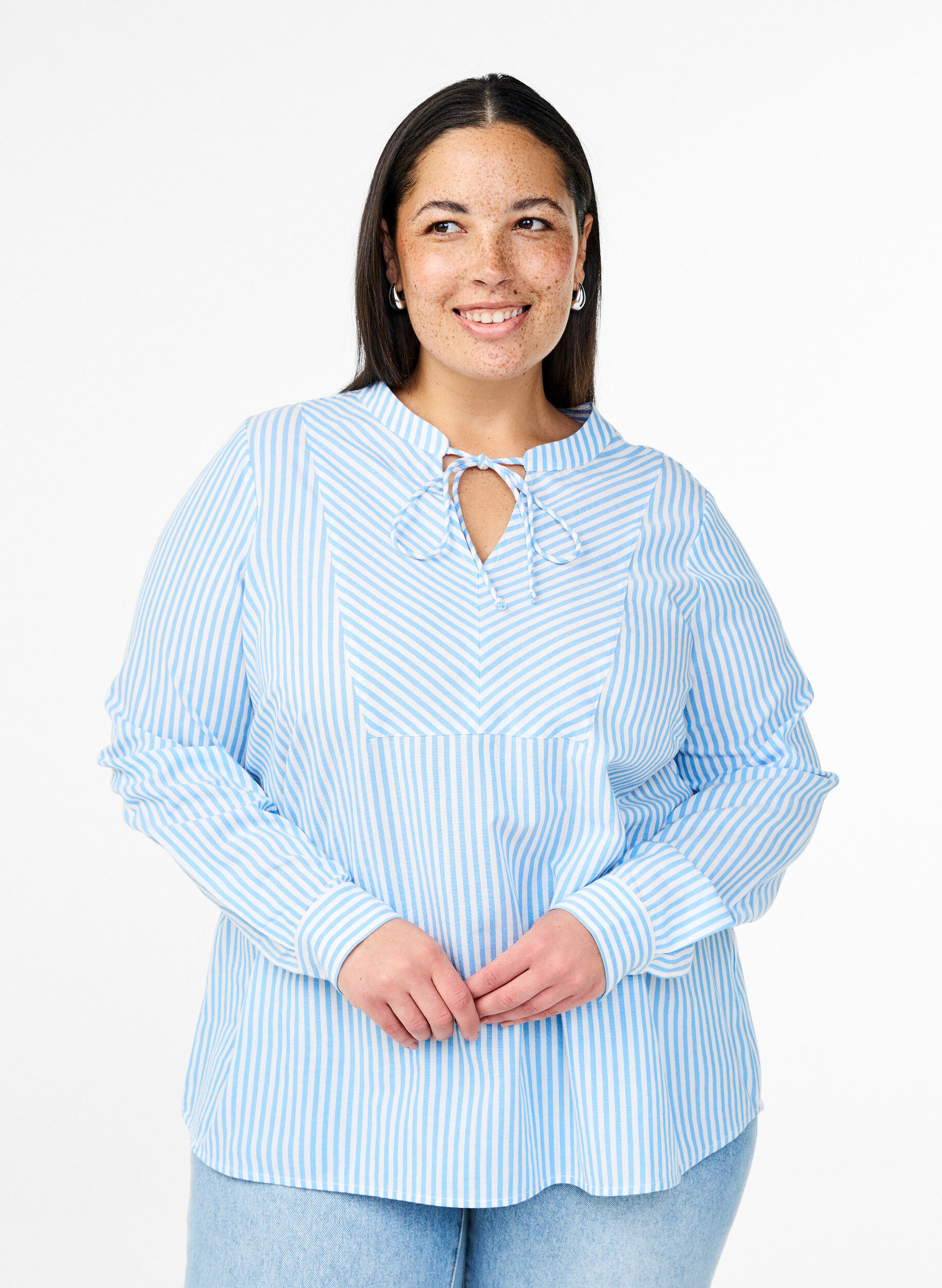Striped blouse with tie detail, Light Blue, Model