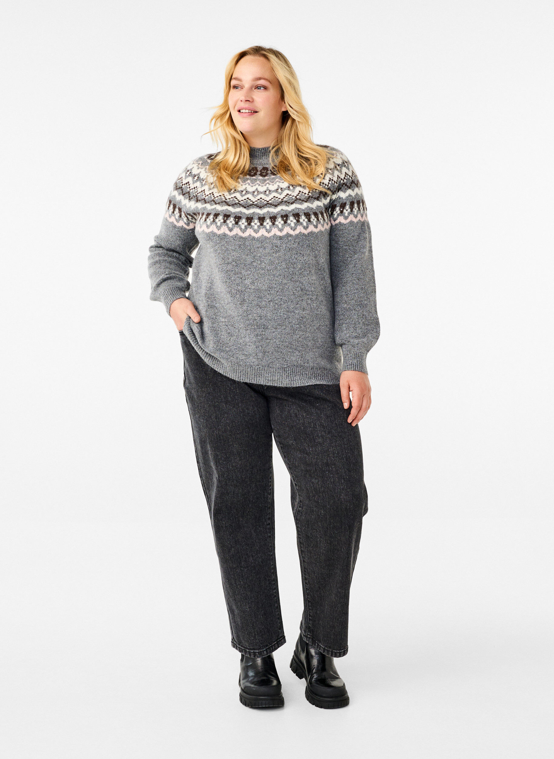 Zizzifashion Knitted jumper with patterns and long sleeves, Medium Grey Comb, Model image number 2