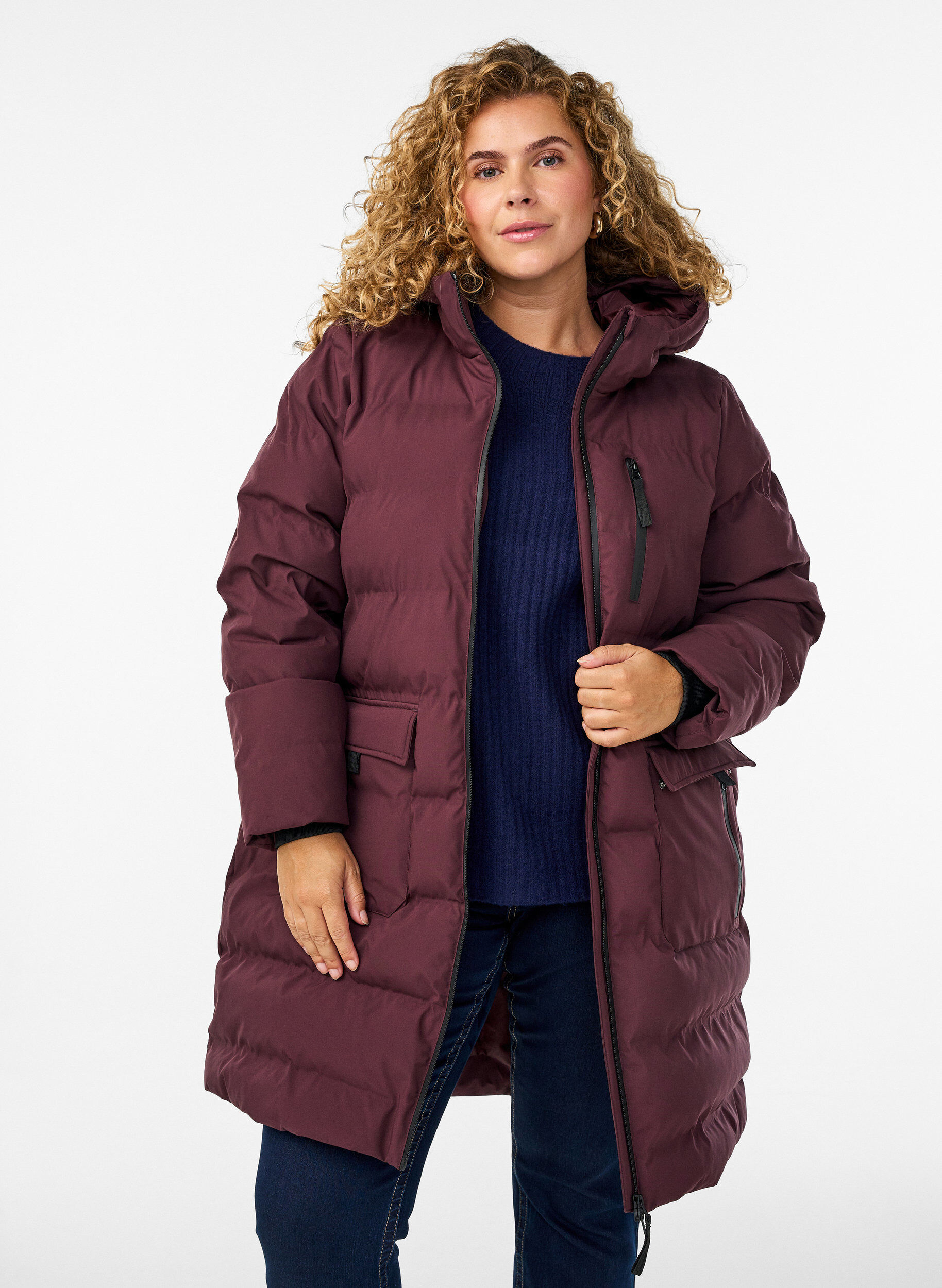 Puffer coat with hood and pockets, Dark Bordeaux, Model