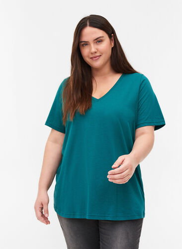 Organic cotton T-shirt with V-neckline, Pacific, Model image number 0