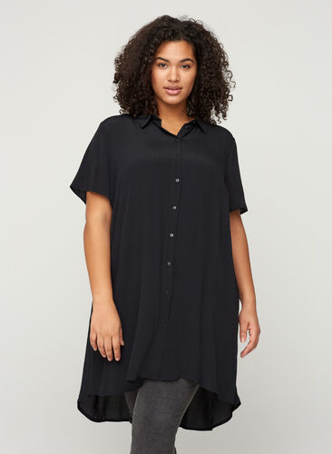 Short-sleeved viscose tunic with buttons, Black, Model image number 0