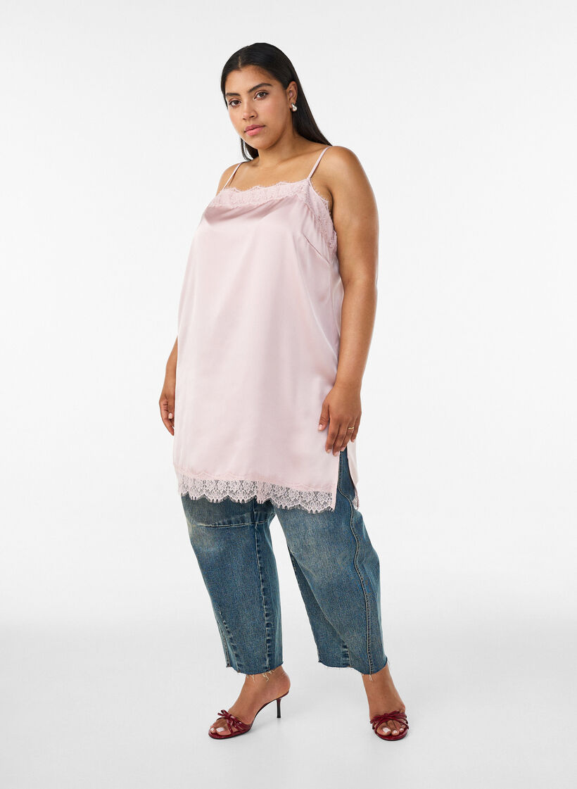 Long satin top with lace edges, Red, Model image number 3