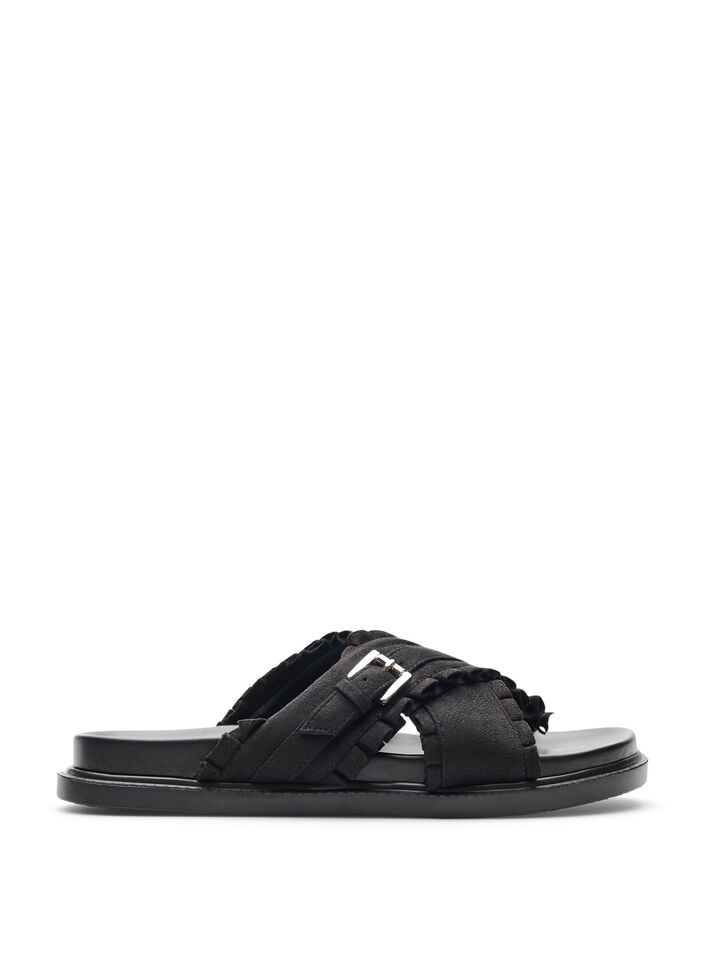 Sandals with crossed straps and ruffle edges, Black, Packshot image number 0