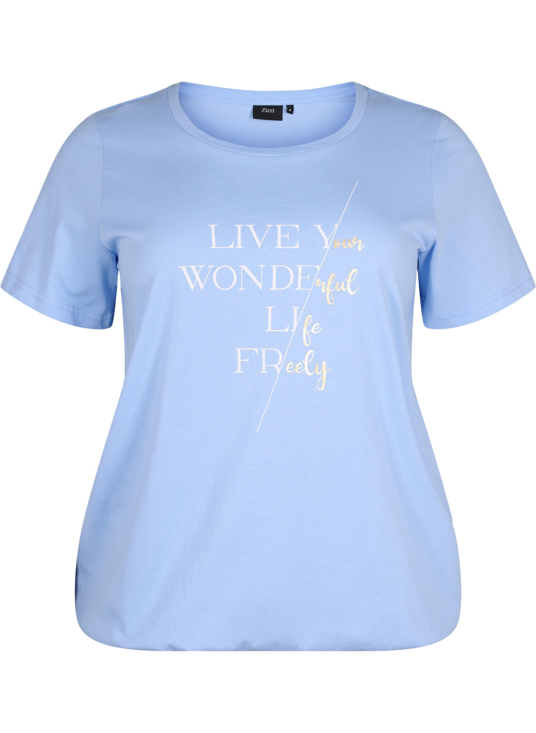 Zizzifashion Short-sleeved cotton T-shirt with elasticated hem, Serenity w. Live, Packshot image number 0