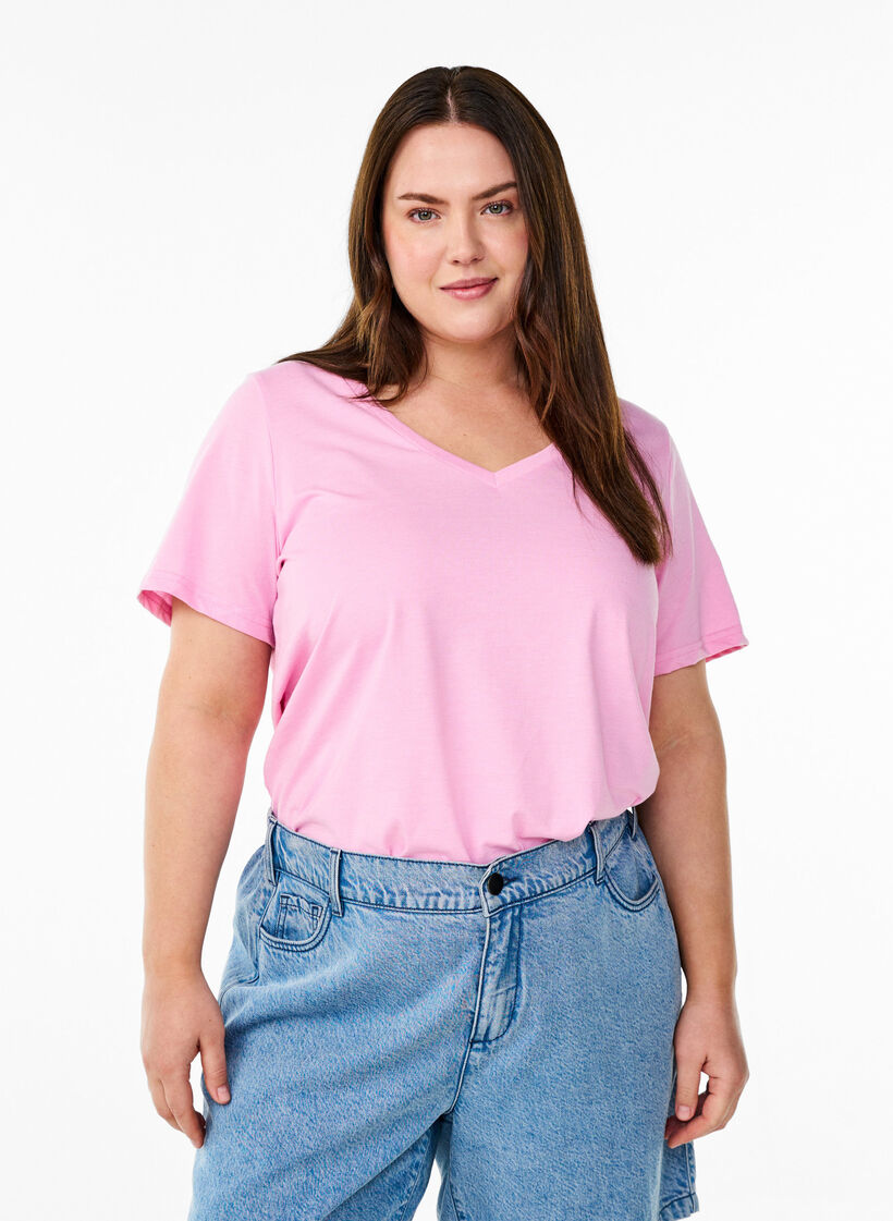 Short sleeve t-shirt with v-neckline, Pink, Model image number 0