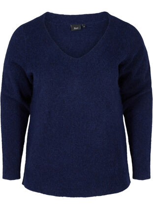 Marled, v-neck knitted blouse in a wool blend, Dark Blue Mel., Packshot image number 0
