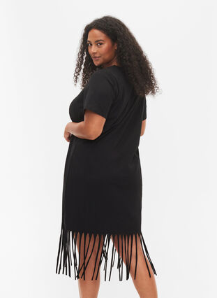 Short-sleeved cotton dress with fringe, Black, Model image number 1