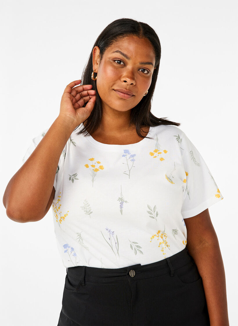 Organic cotton T-shirt with floral print, Bright W. AOP, Model image number 0