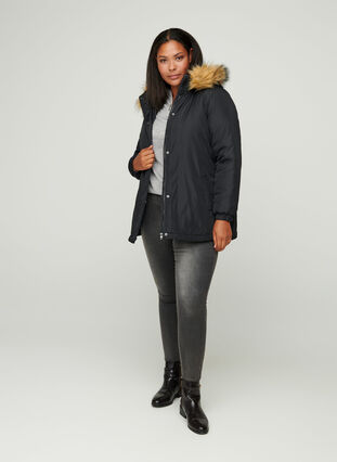 Jacket with a fake fur collar and drawstring waist, Black, Model image number 2