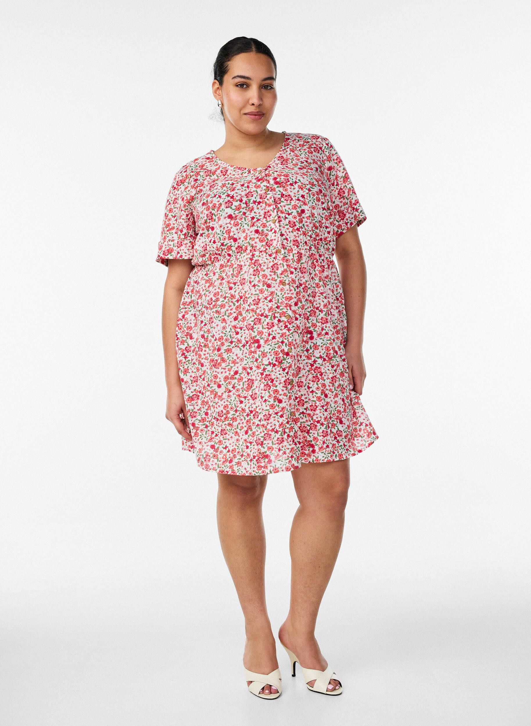 Zizzifashion Short cotton dress with floral print, Red, Model image number 1