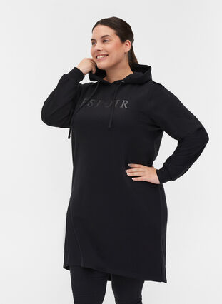 Hoodie sweater dress with slit, Black, Model image number 0