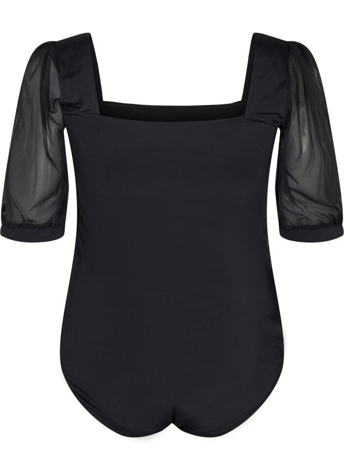 Swimsuit with short mesh sleeves, Black, Packshot image number 1