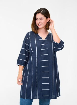 Striped cotton tunic with 3/4 sleeves, N.Sky w.White Stripe, Model image number 0