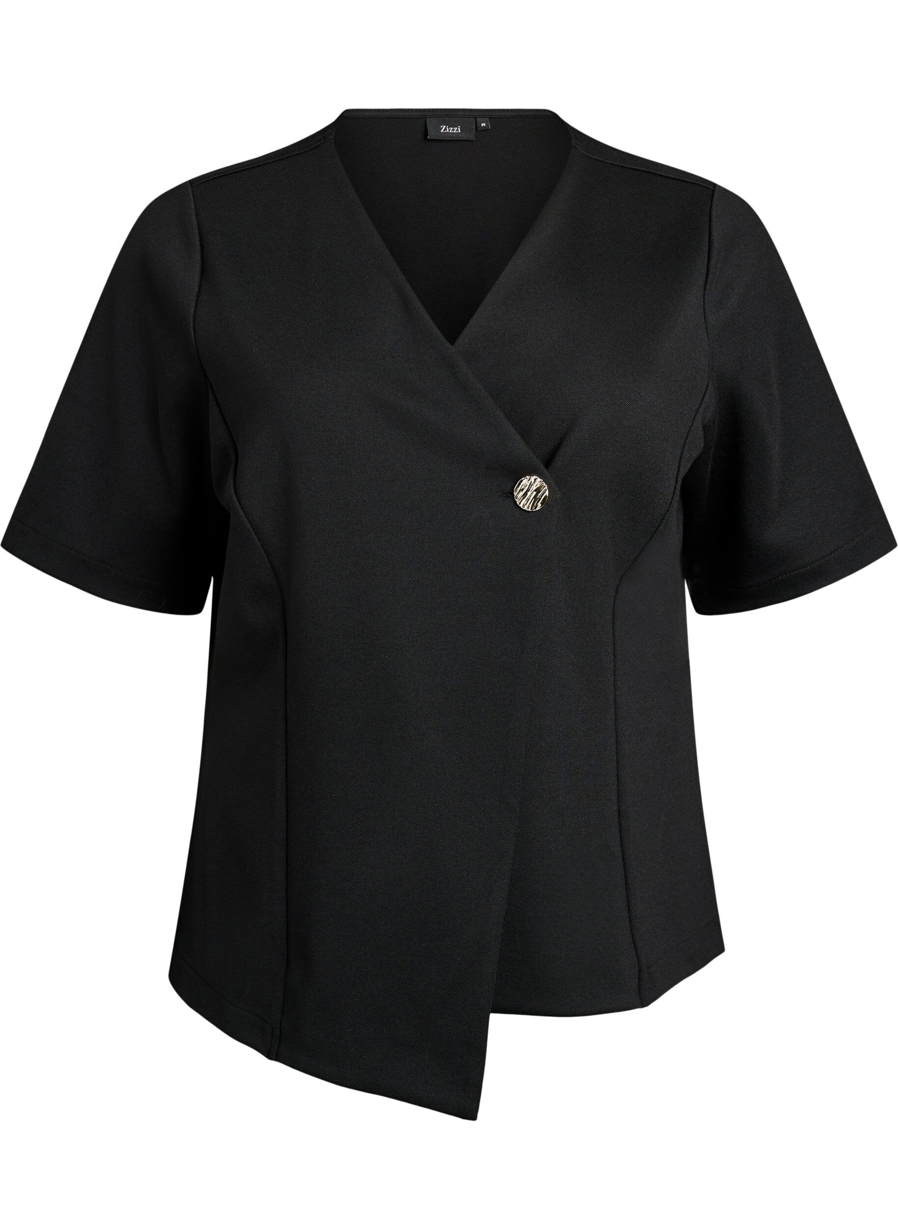 Blouse with asymmetric wrap effect and short sleeves