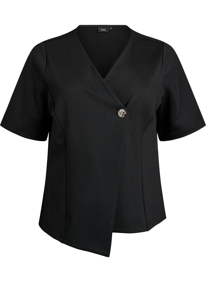 Blouse with asymmetric wrap effect and short sleeves, Black, Packshot image number 0